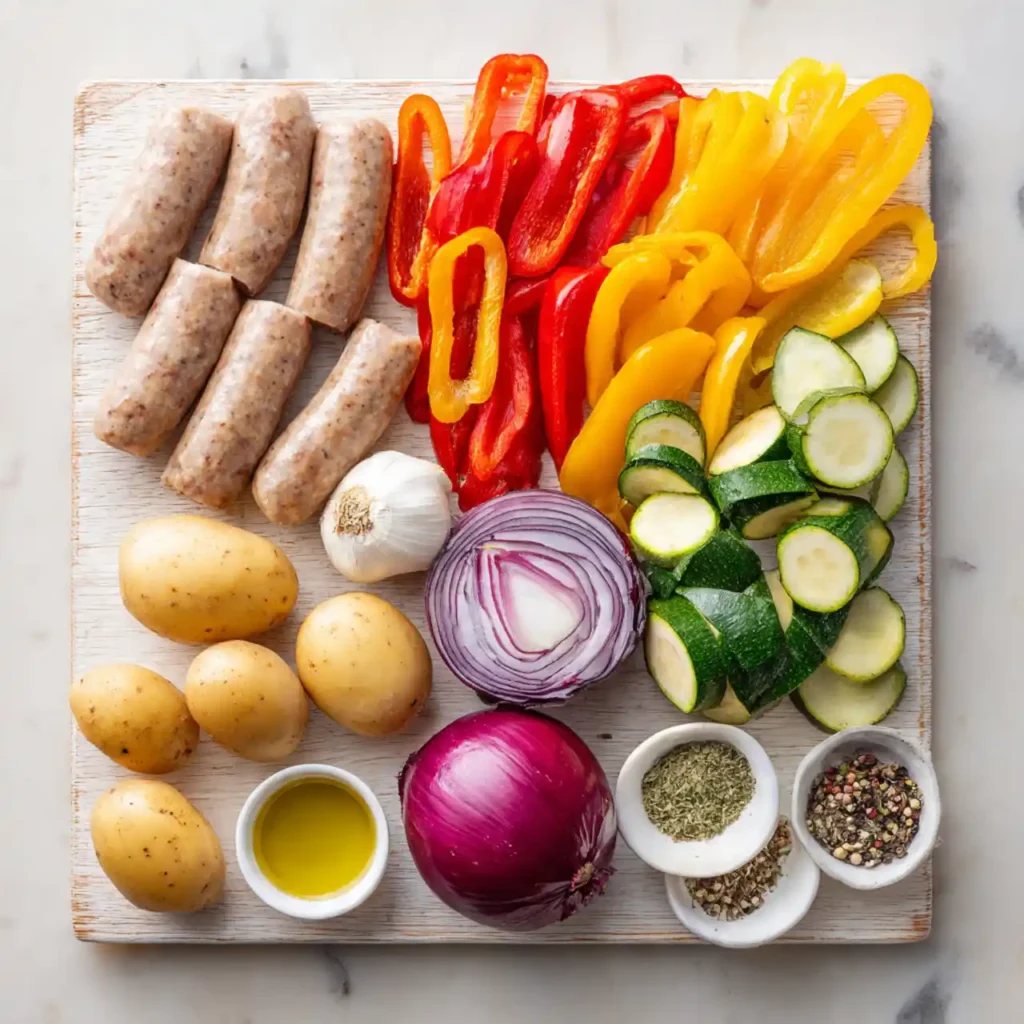 Ingredients for chicken sausage and veggies sheet pan