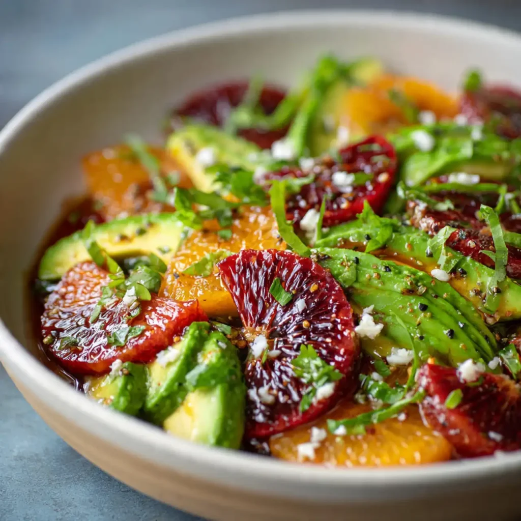 Close up of blood orange avocado salad bite