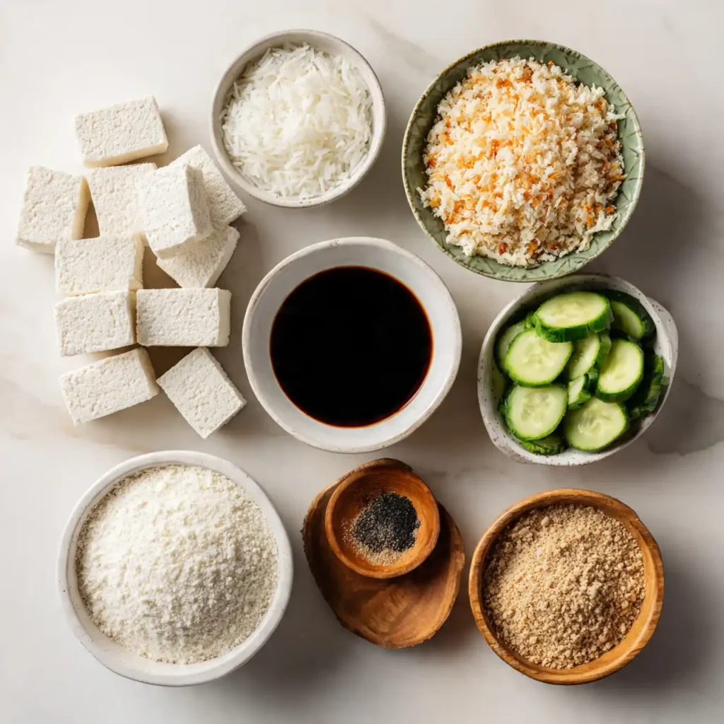 Ingredients for crispy coconut crusted tofu bowl