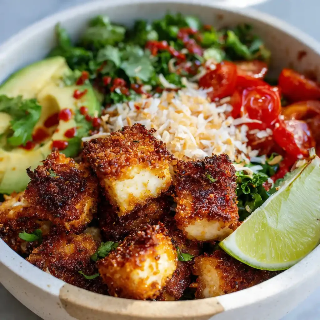 Close up of crispy coconut crusted tofu