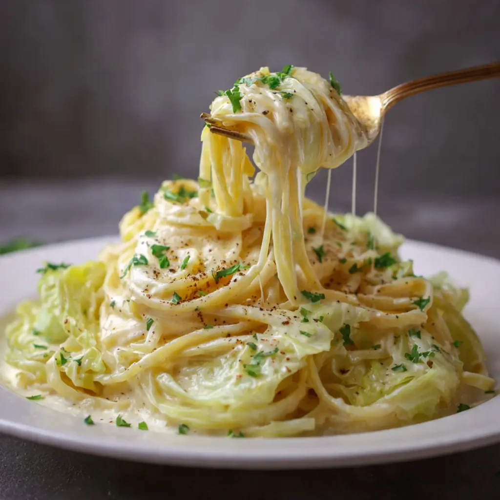 Close-up of creamy Alfredo cabbage pasta bite with Parmesan