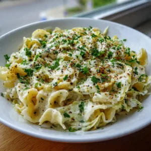 Served creamy Alfredo cabbage pasta with Parmesan and parsley