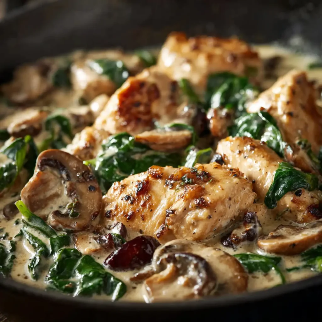 Close up of creamy chicken mushroom spinach