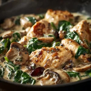 Close up of creamy chicken mushroom spinach