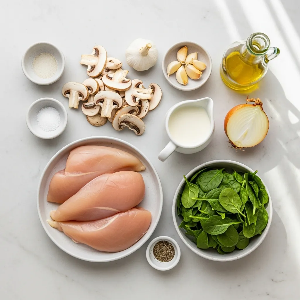 Ingredients for creamy chicken mushroom spinach skillet