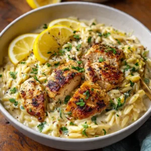 Close-up of creamy lemon chicken orzo bite with tender chicken and sauce