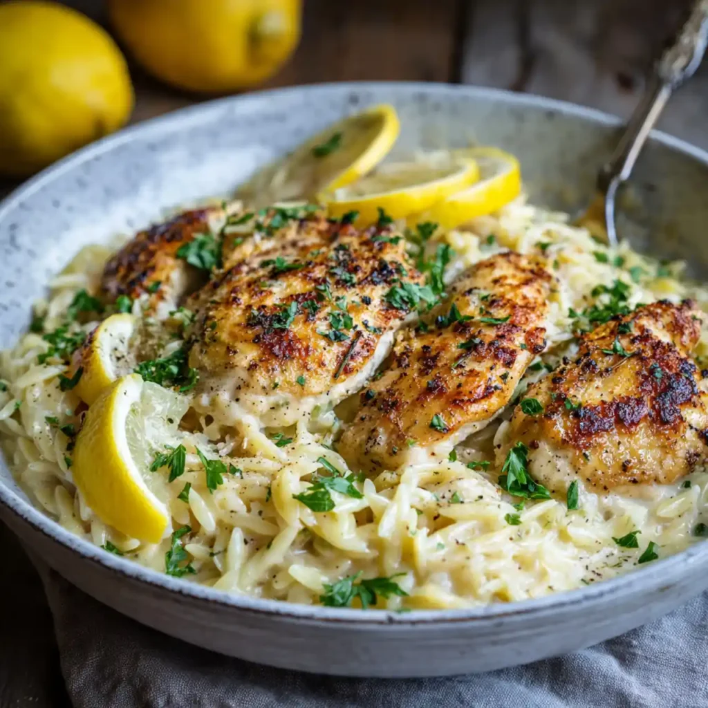 Served creamy lemon chicken orzo with parsley and lemon wedge