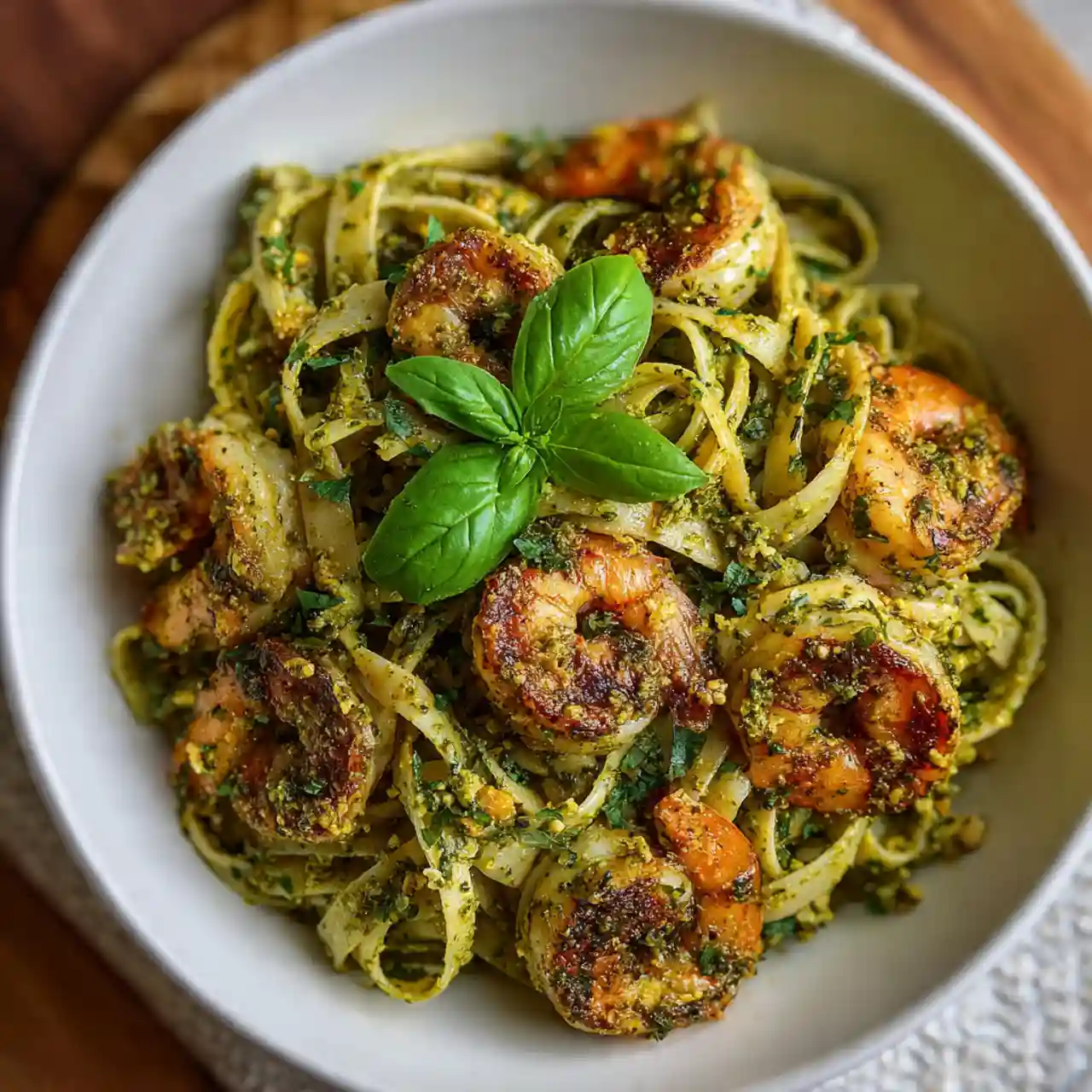 Easy creamy pistachio pesto pasta with shrimp