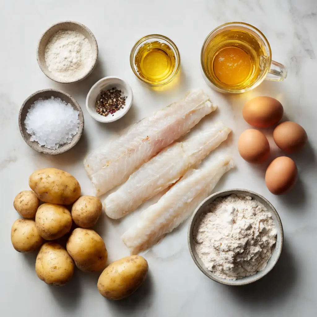 Ingredients for crispy beer battered fish and chips
