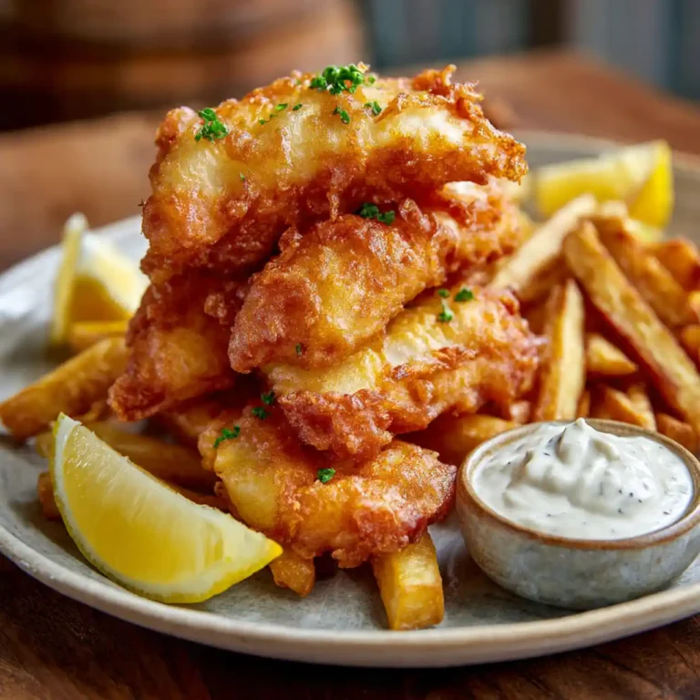 Crispy beer battered fish and chips with lemon