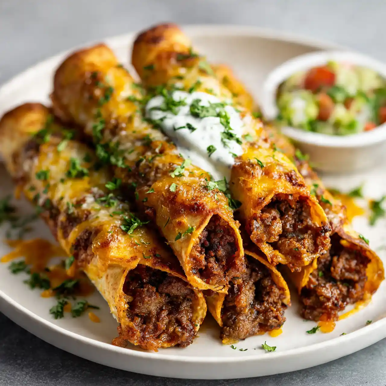 Crispy cheesy beef taquitos with melted cheese