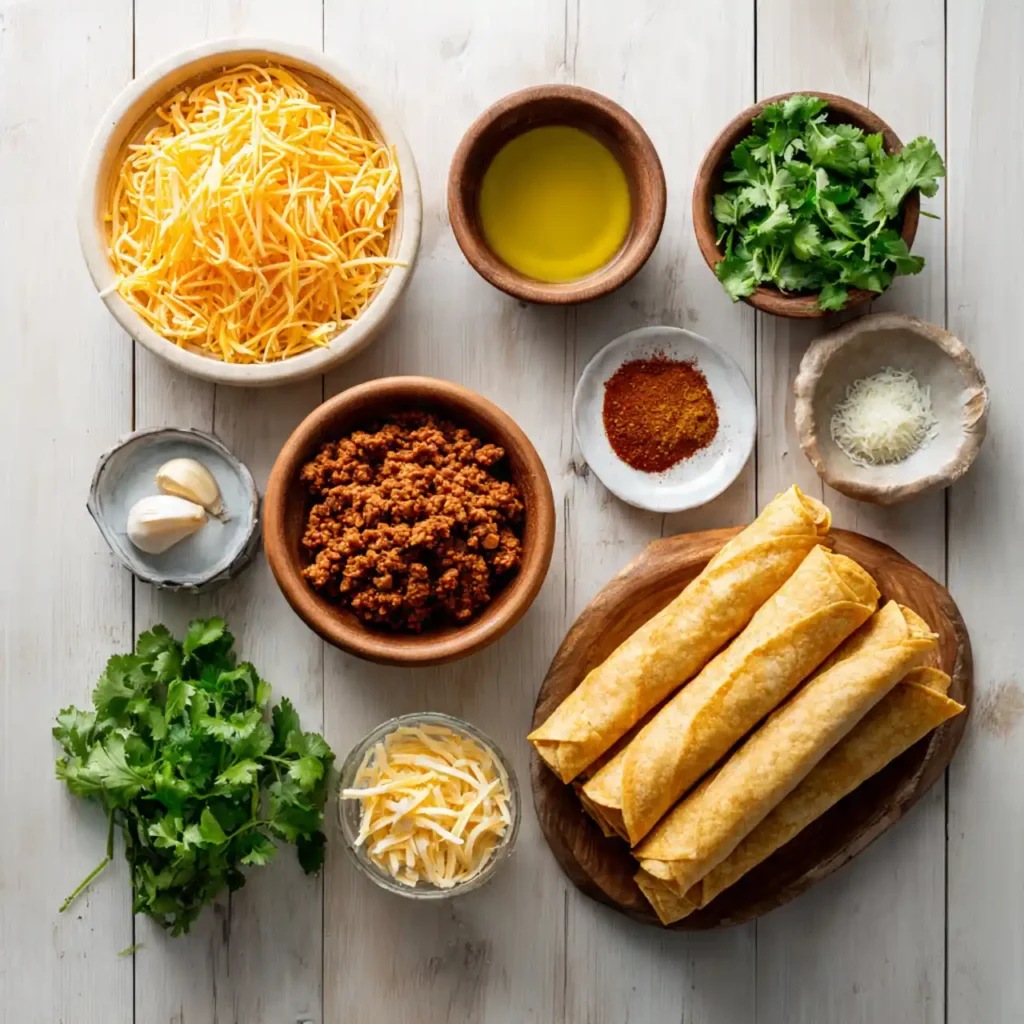 Ingredients for crispy cheesy beef taquitos