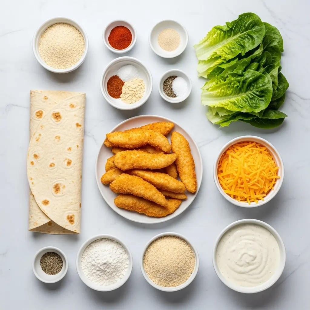 Ingredients for crispy chicken ranch snack wrap