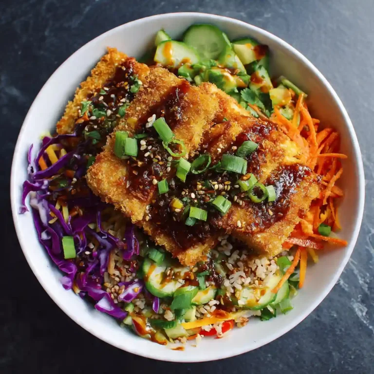 Crispy coconut crusted tofu bowl with rice and veggies
