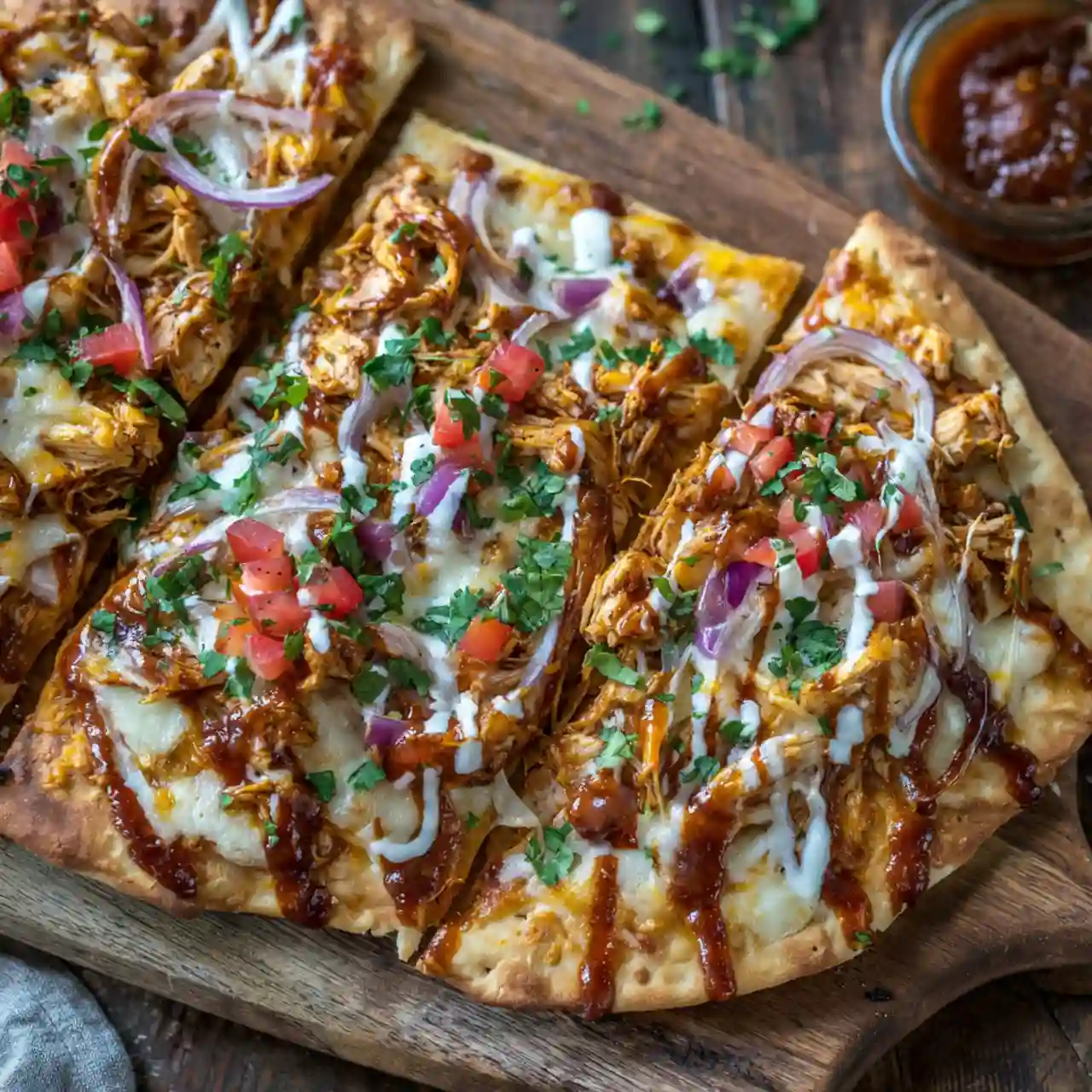 easy BBQ chicken flatbread on wooden board