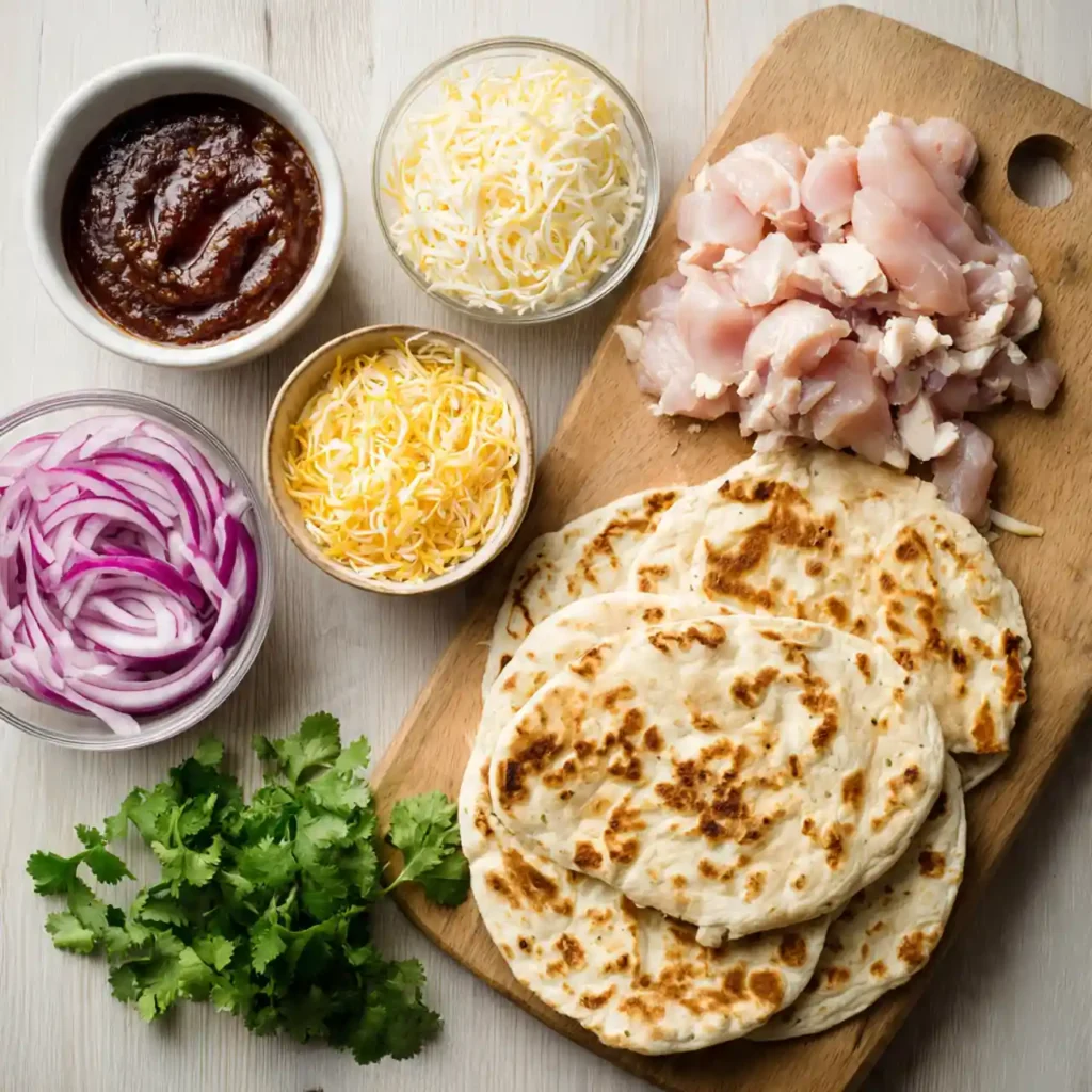 easy BBQ chicken flatbread ingredients flat lay