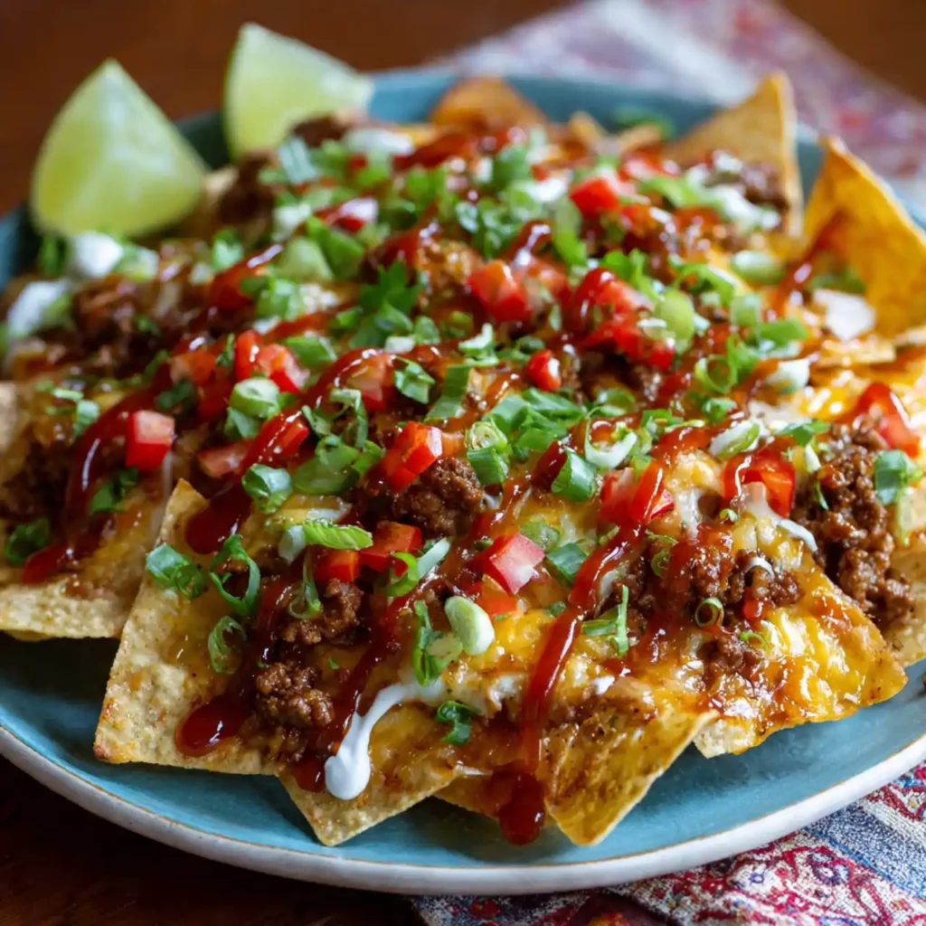 Close-up of easy beef nachos with melted cheese