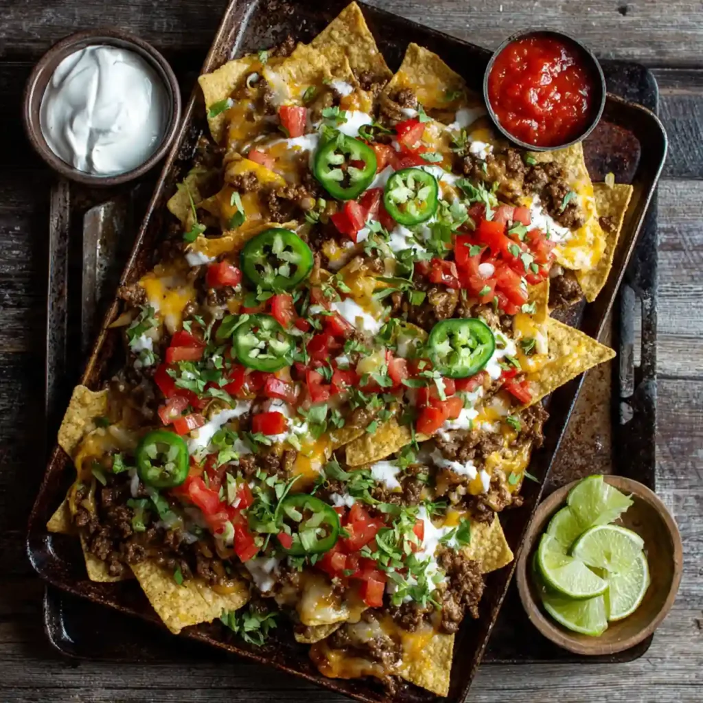Easy beef nachos served with sour cream and guacamole