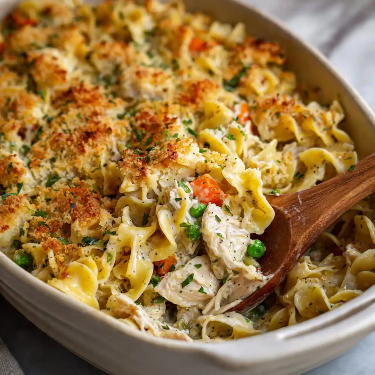 Easy chicken noodle casserole with golden baked top and herbs