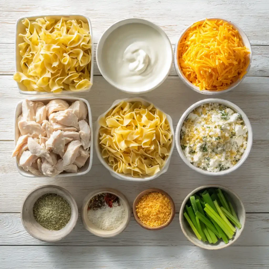 Ingredients for easy chicken noodle casserole recipe