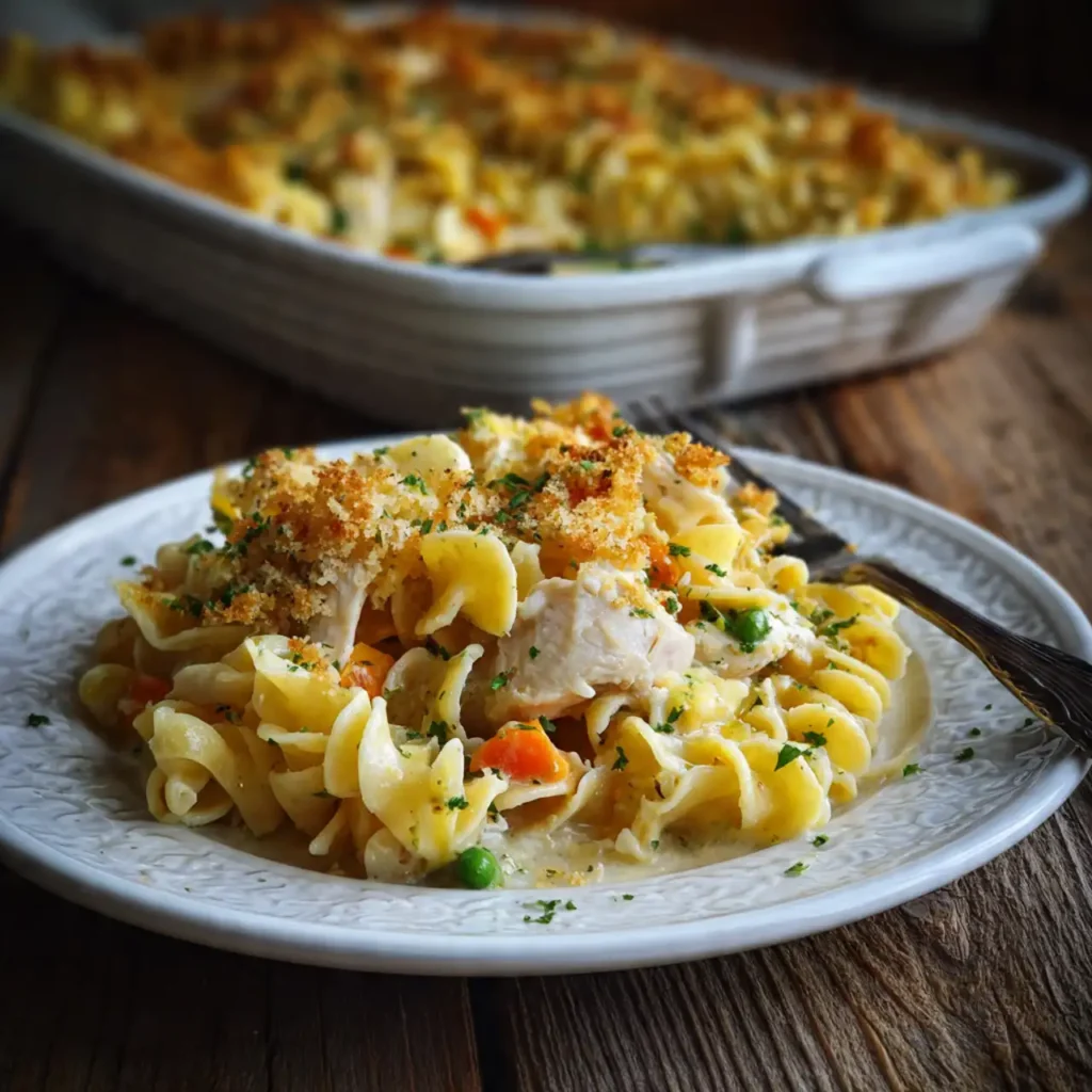 Served easy chicken noodle casserole portion with garnish