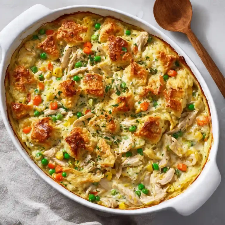 Easy homemade chicken pot pie casserole fresh from the oven