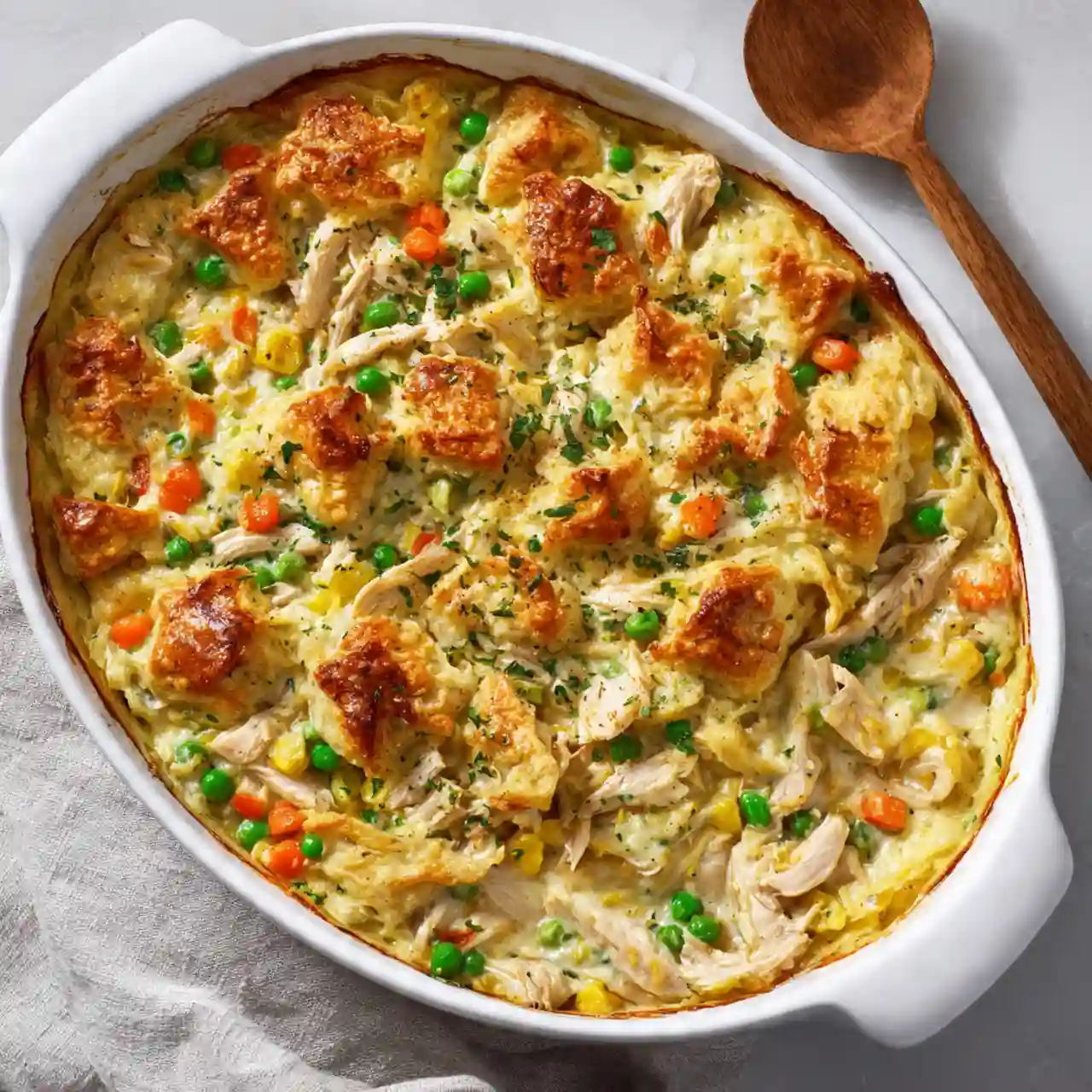 Easy homemade chicken pot pie casserole fresh from the oven