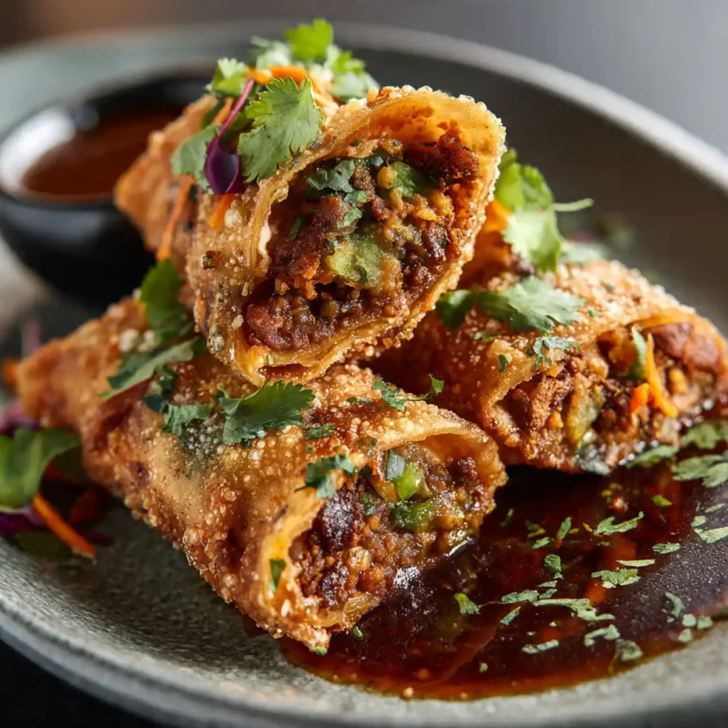Close-up of crispy birria egg roll with beef and cheese