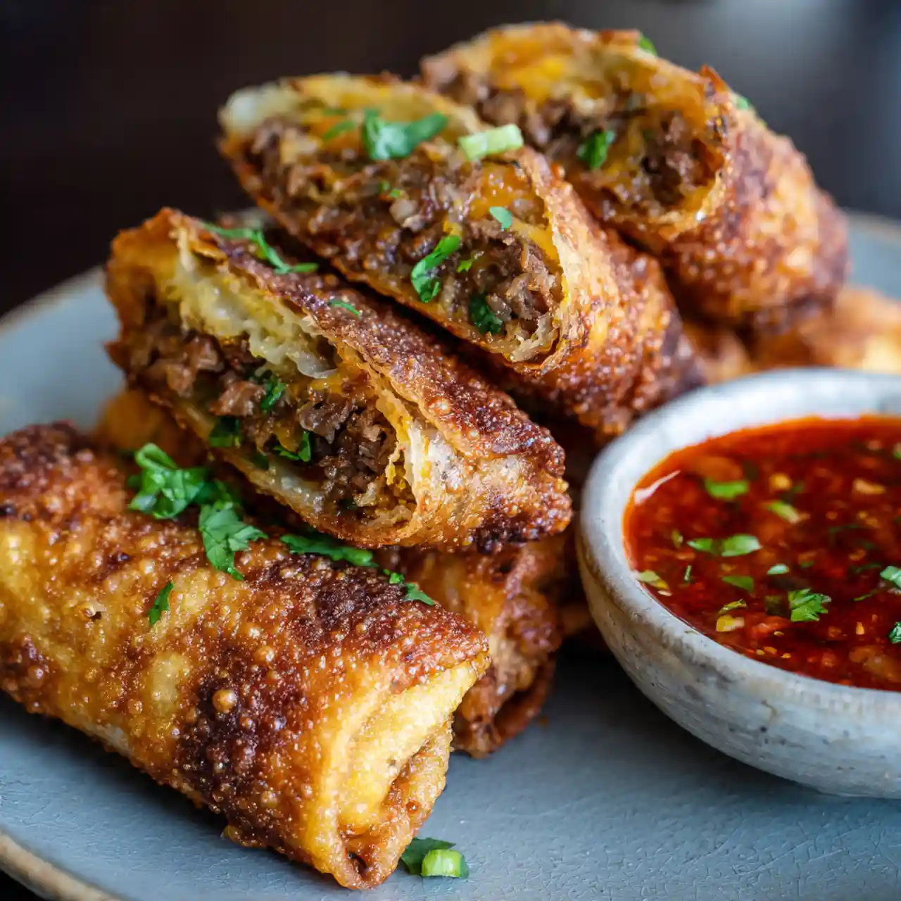 Easy crispy birria egg rolls with melted cheese and beef filling