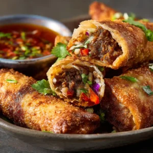 Served easy crispy birria egg rolls with dipping sauce