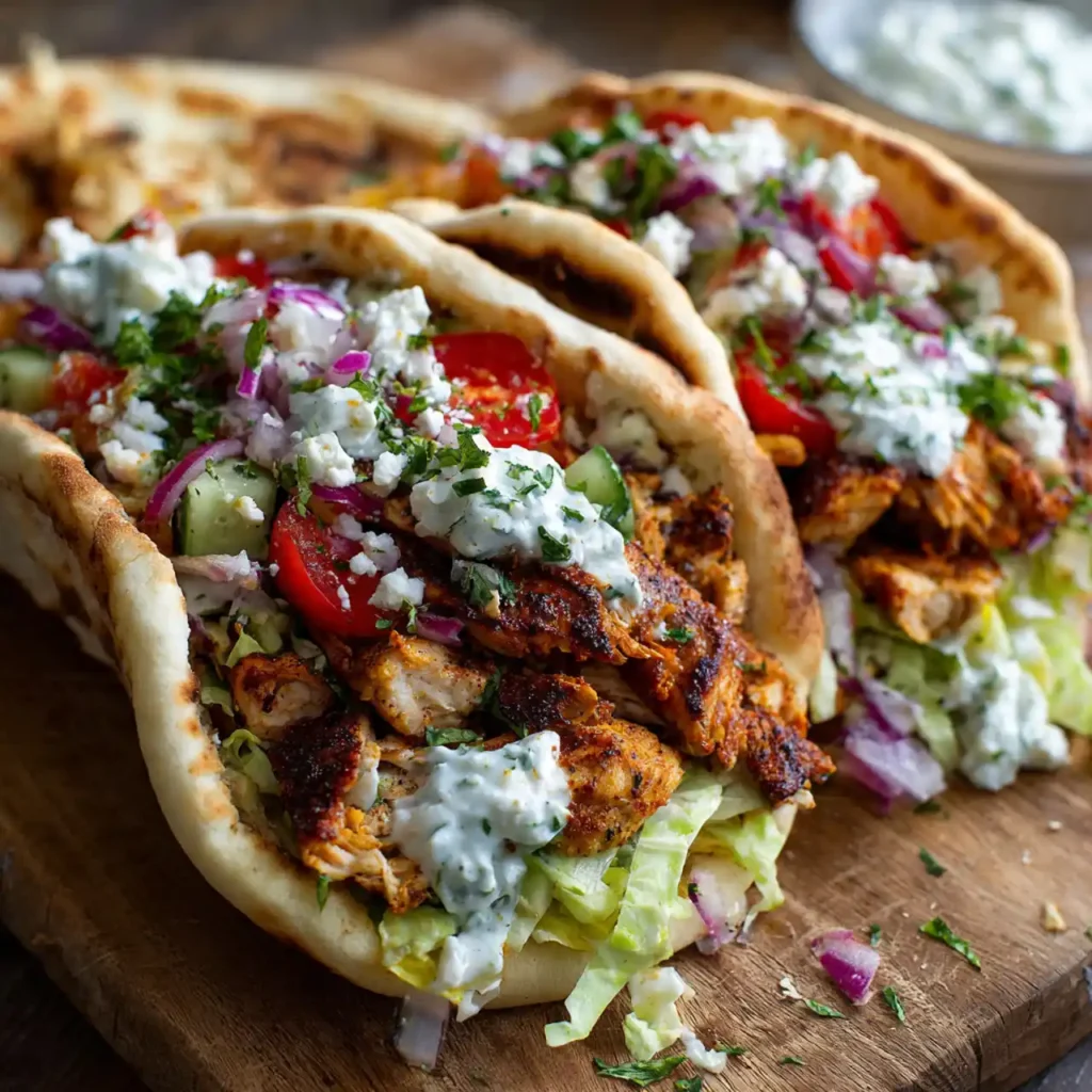 Close-up of Greek chicken gyro with tzatziki