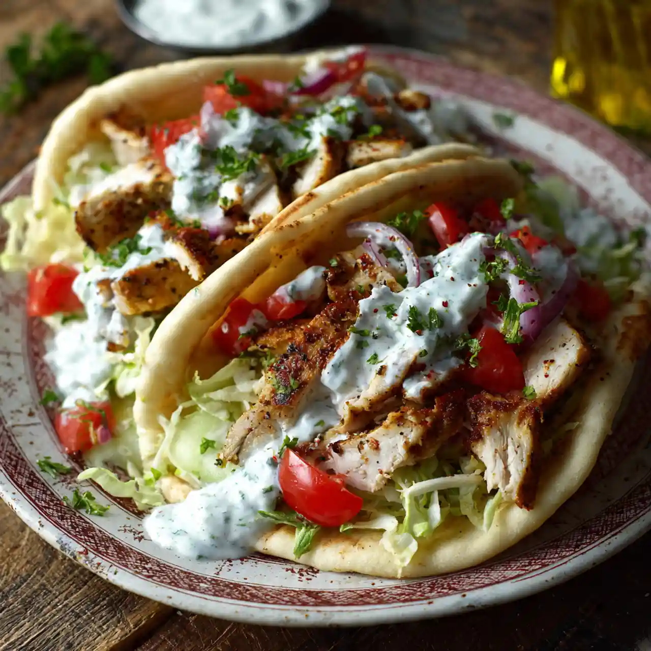Easy Greek chicken gyros with tzatziki and fresh vegetables
