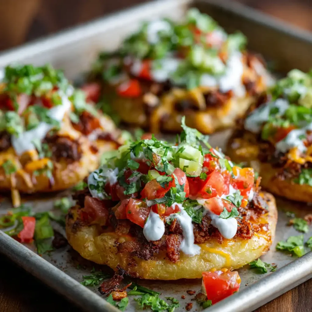 Close-up of crispy smashed potato taco with toppings