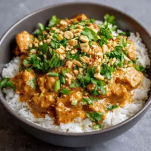 easy thai peanut chicken in a bowl with peanut sauce