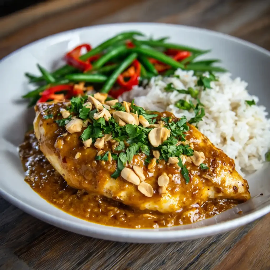 served thai peanut chicken with rice