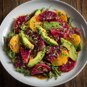 Fresh blood orange avocado salad with mixed greens and citrus vinaigrette
