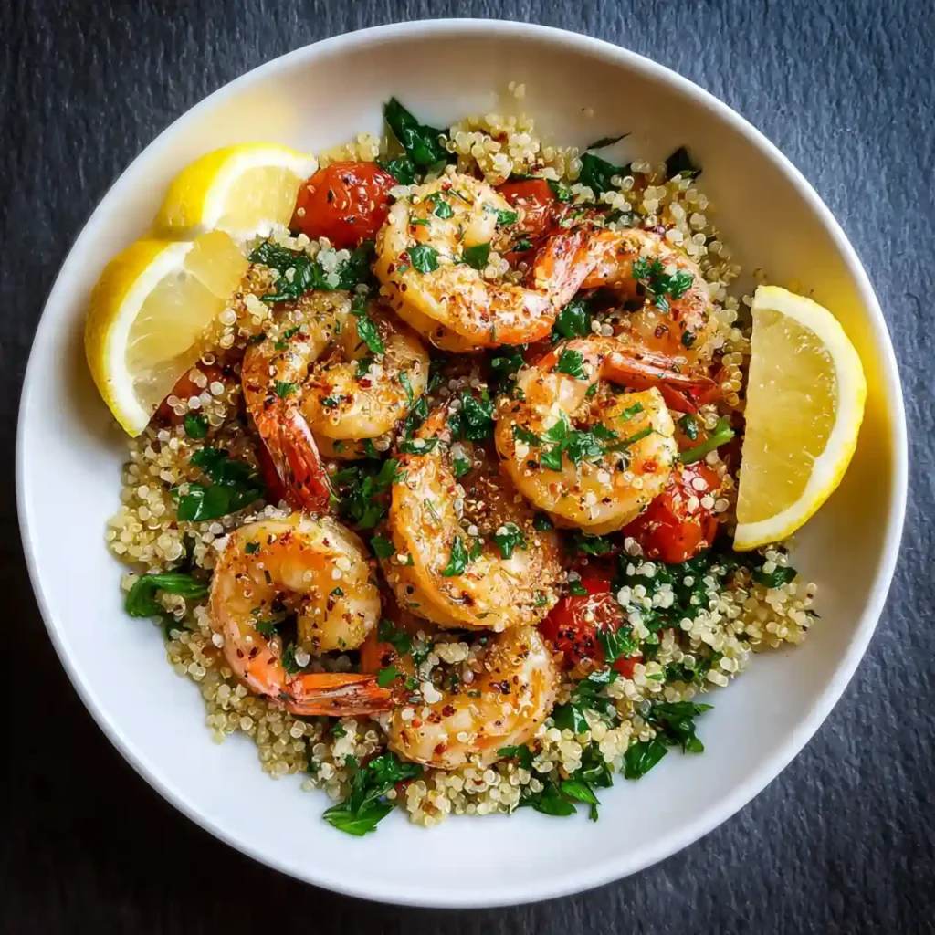 plated one pot garlic shrimp and quinoa with lemon