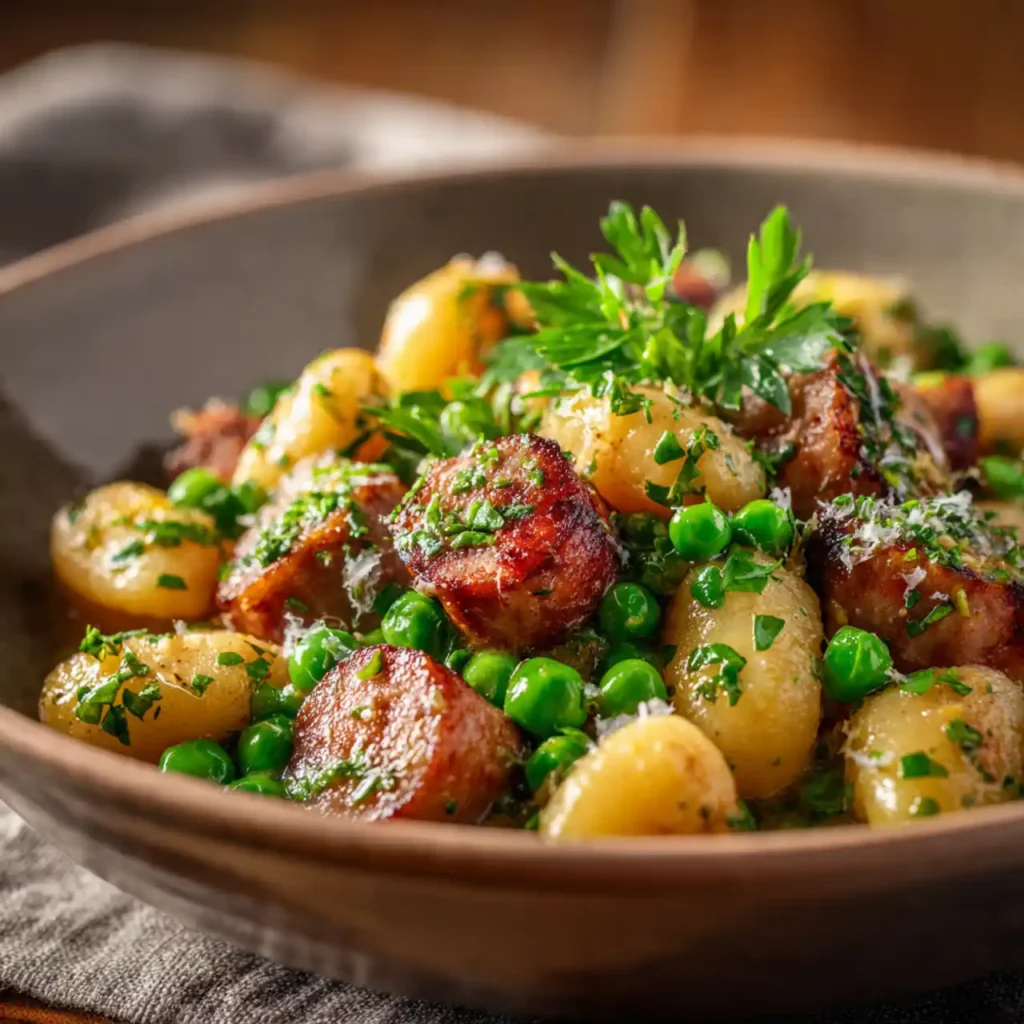 Close-up of gnocchi with peas and sausage