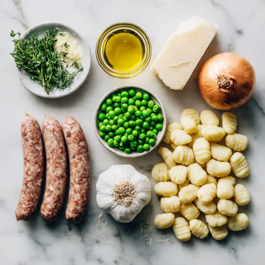 Ingredients for gnocchi with peas and sausage