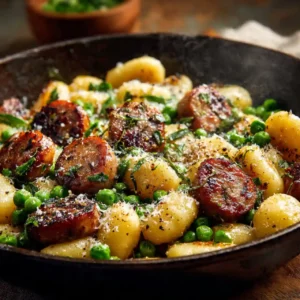 Gnocchi with peas and sausage in skillet