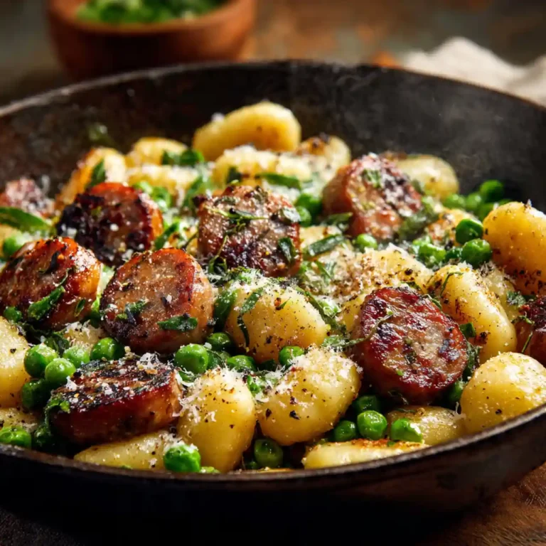Gnocchi with peas and sausage in skillet