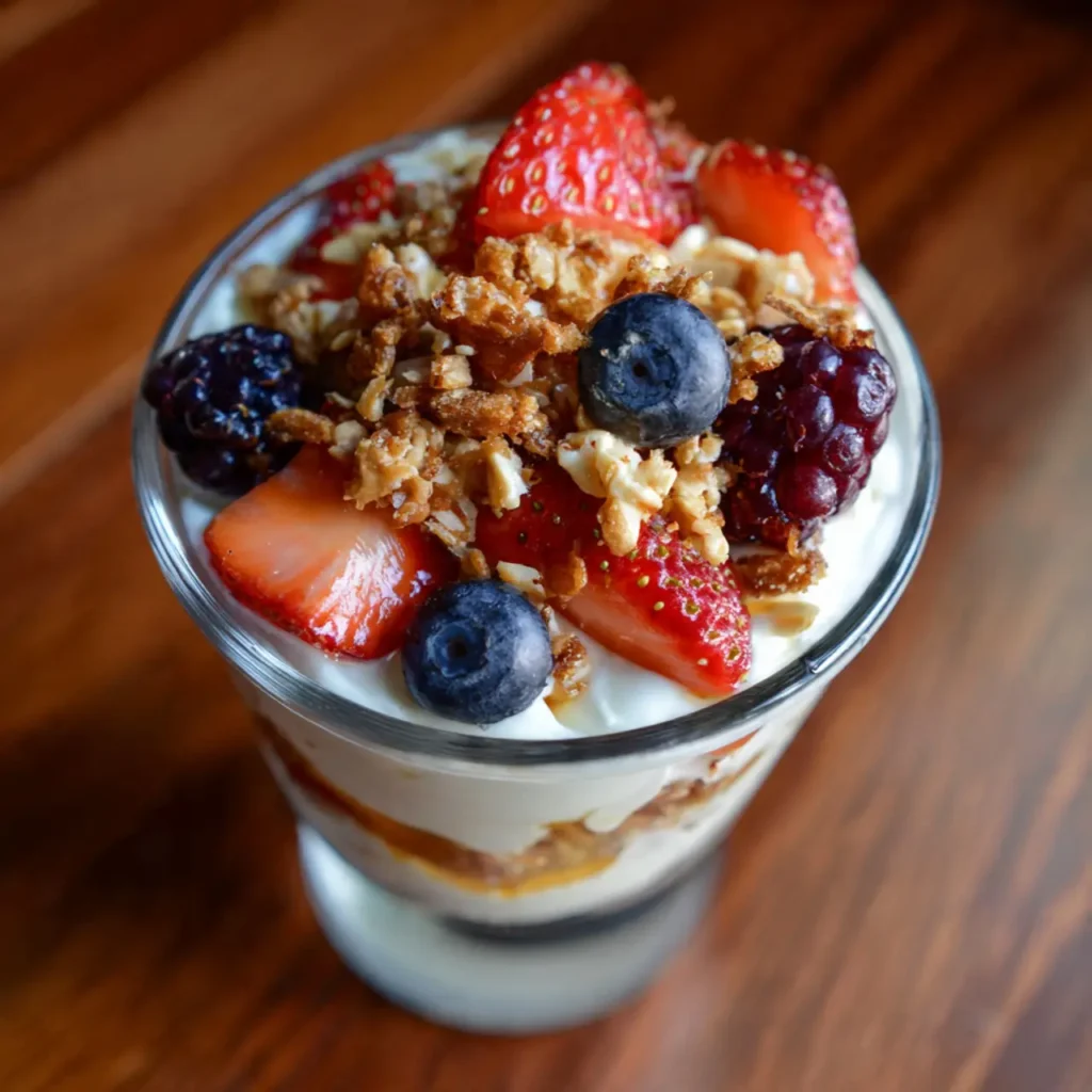 Close up of Greek yogurt parfait layers