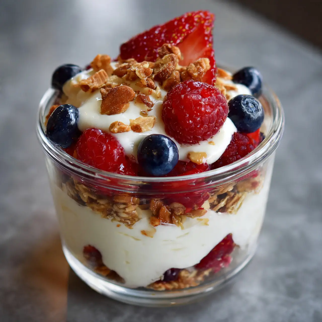 Greek yogurt parfait with berries and granola