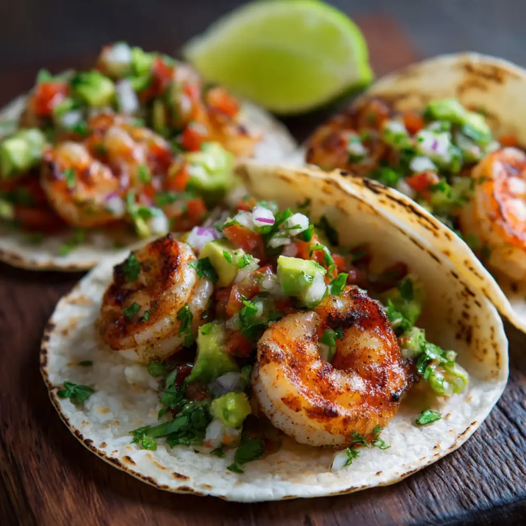 Close-up of grilled shrimp taco with avocado salsa