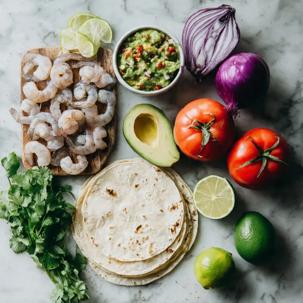 Ingredients for grilled shrimp tacos with avocado salsa