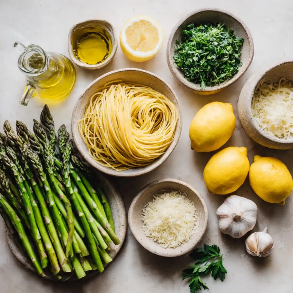 ingredients for lemon asparagus pasta