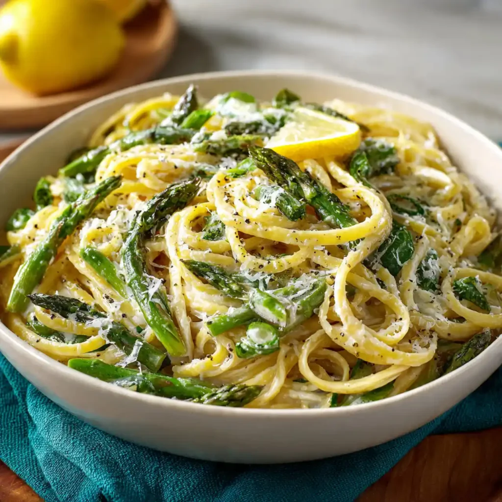 lemon asparagus pasta served with parmesan