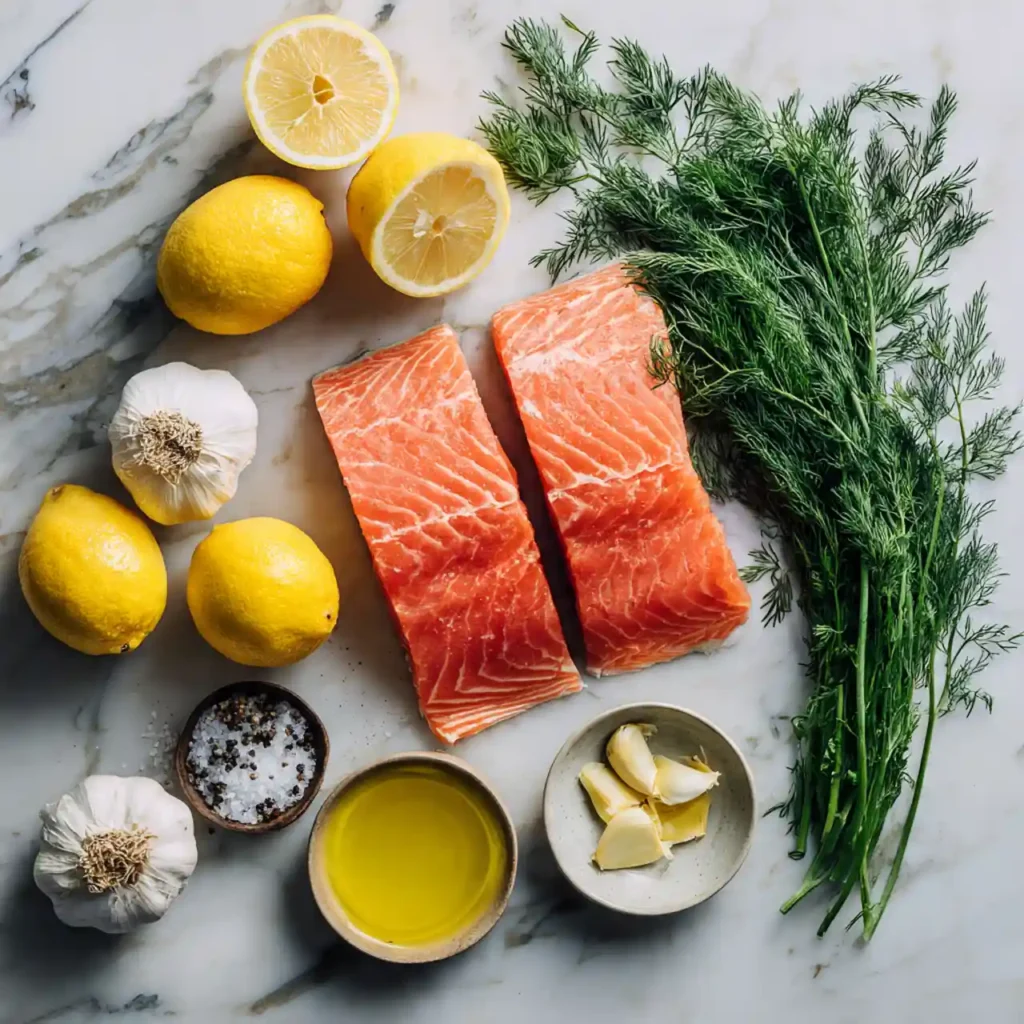 Ingredients for lemon dill salmon recipe