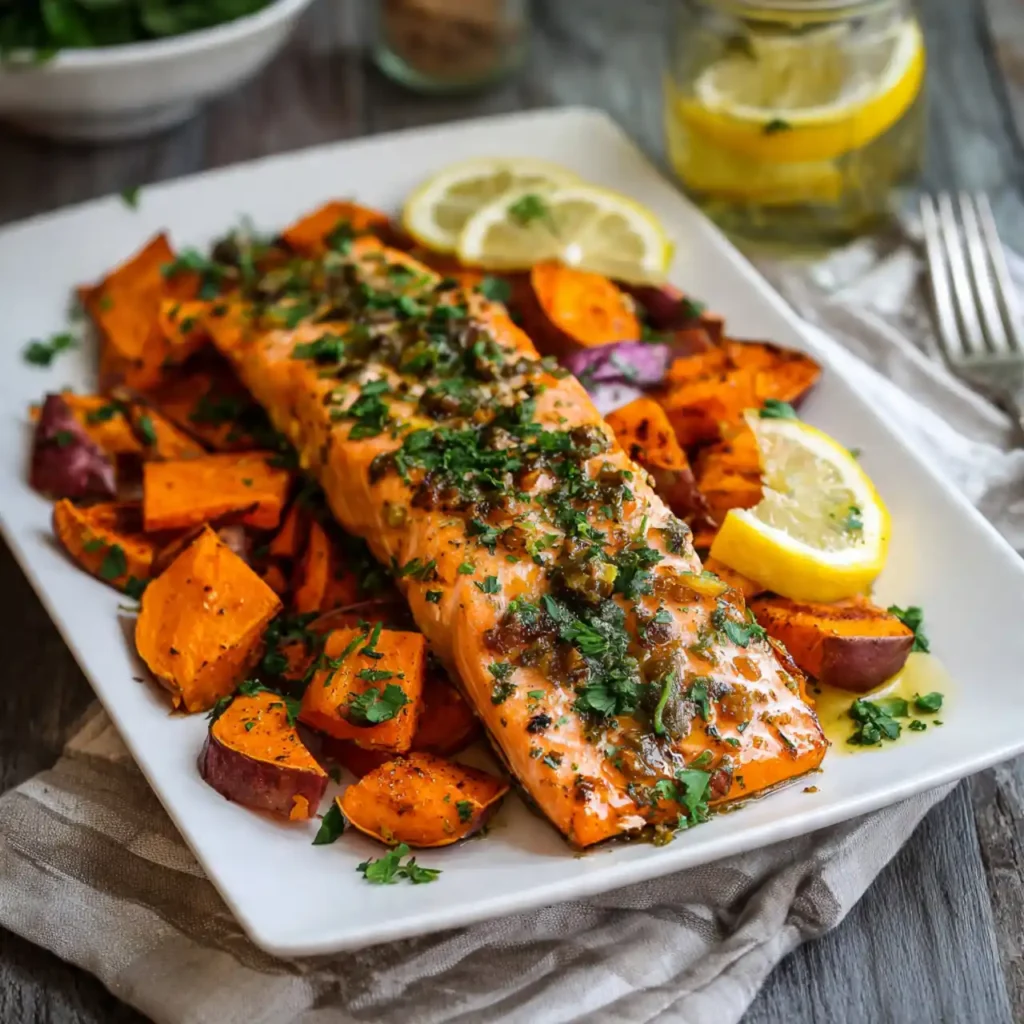 maple dijon glazed salmon served with sweet potatoes