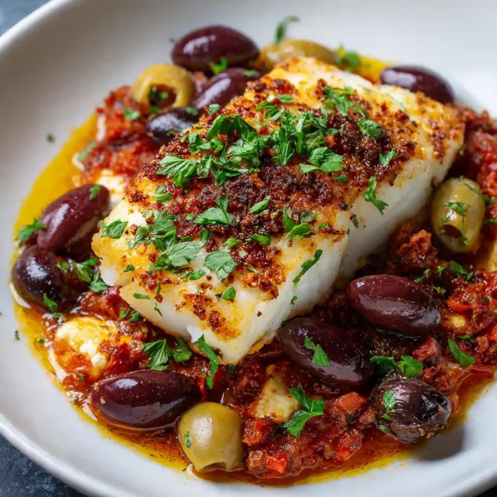 mediterranean baked cod served with vegetables